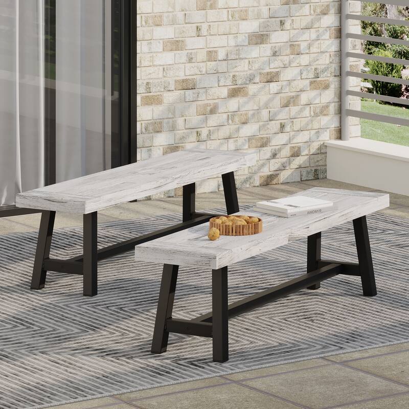 Roomfitters Outdoor Carlisle Acacia Wood Dining Benches with Metal Legs, Slat Top, Industrial Grey, Set of 2 - Grey+Black