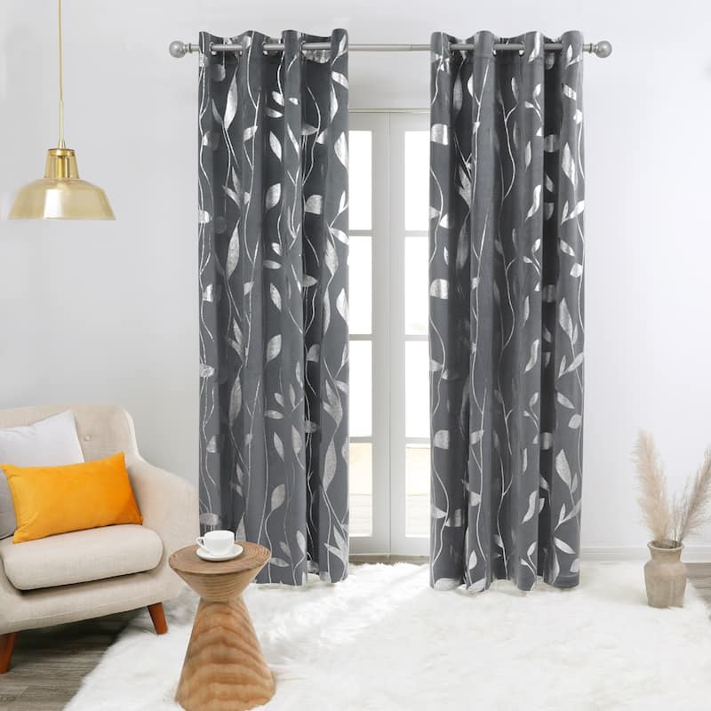 Velvet Curtains Room Darkening Silver Pattern Drapes 2 Panels - 52 x 84 Inch - Grey