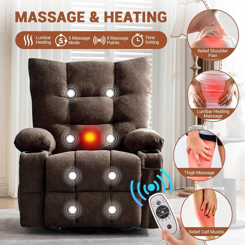 Swivel Rocker Recliner Chair, with Massage and Heat and Side Pocket