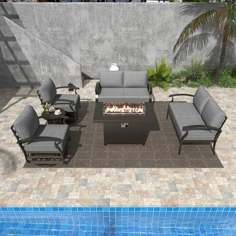 Kullavik Aluminum Outdoor Patio Furniture with Curved Armrests & Firepit Table - 6 seat B w/Firepit - Grey