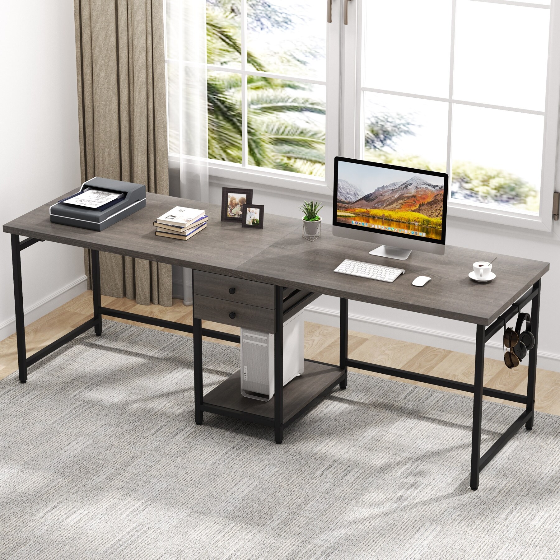 78'' Double Computer Desk with Drawers and Storage Shelves, Extra