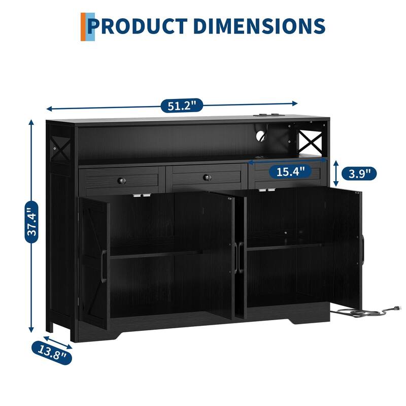 51" Modern Farmhouse Sideboard Buffet Cabinet with Storage, Wood Buffet Storage Cabinet with Charging Station