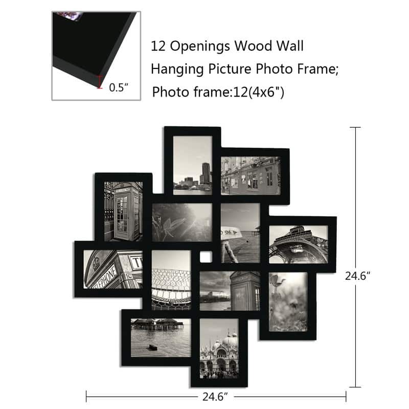 Adeco 12 Opening 4 x 6" Black Collage Wall Picture Frame