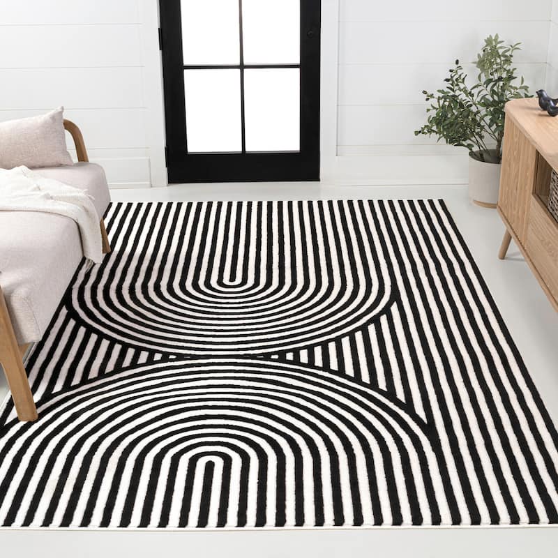JONATHAN Y Peater High-Low MidCentury Modern Arch Stripe Two-Tone Indoor/Outdoor Rug - 8x10 - Black/White