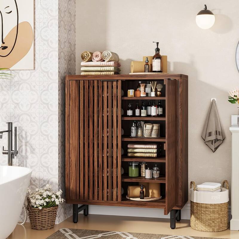 6-Tier Bathroom Floor Cabinet 2 Shutter Doors Adjustable Shelves Wooden Storage Sideboard for Kitchen/Living Room