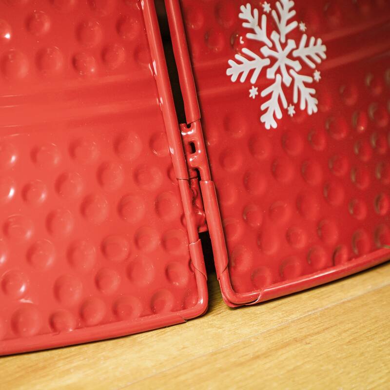 26" Red Christmas Tree Collar with Snowflake Design and Metal Base Cover for Holiday Decor - 26" x 9" H
