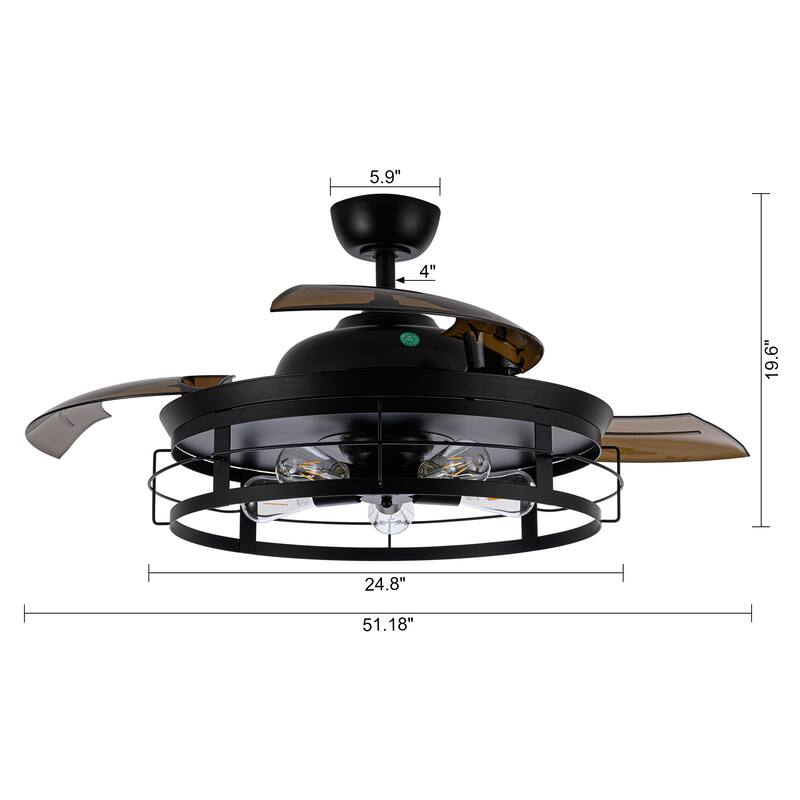 52" Industrial Retractable 3-Blade Ceiling Fan Chandelier with Remote