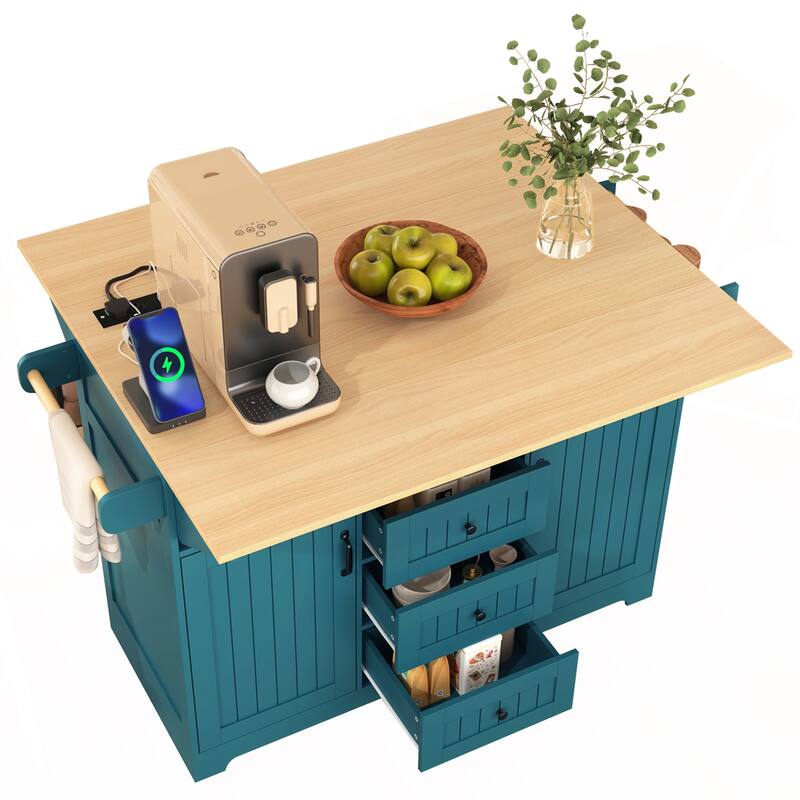 Rolling Kitchen Island Cart, Mobile Kitchen Island on 5 Wheels with 2 Drop Leaf, Power Outlet, Storage Cabinet & Drawers
