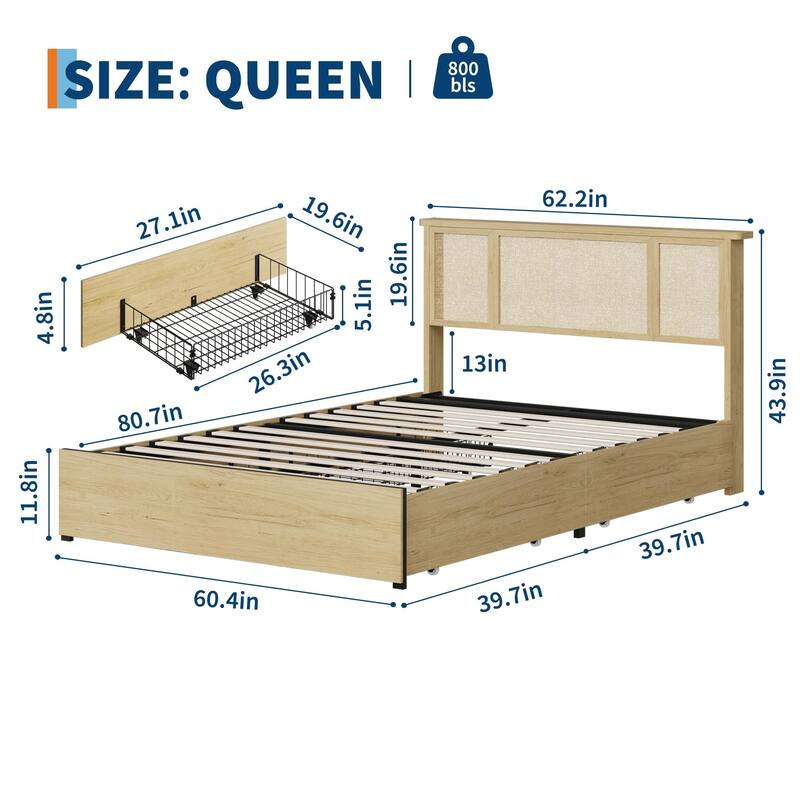 Boho Rattan Headboard Bed Frame with Under-Bed Storage, Sturdy Steel Base & Wooden Slats, No Box Spring Needed