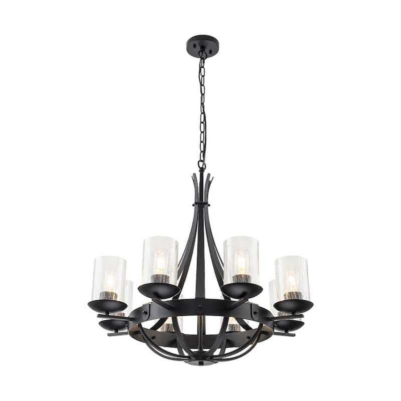 8-Light Industrial Wagon-Wheel Chandelier with Clear Cracked Glass Shades in Matte Black - 28 in. W x 28 in. H