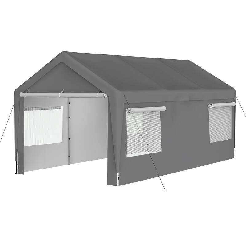 Grey Galvanized Steel 180g PE Waterproof Carport Garage with Windows - Grey