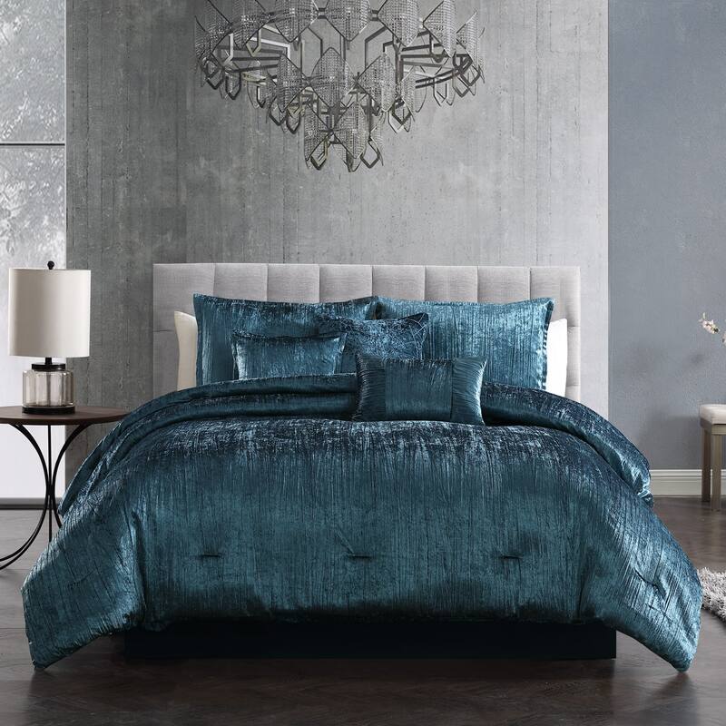 Riverbrook Home Turin Crinkled Velvet Comforter Collection - Royal Blue - King - 7 Piece