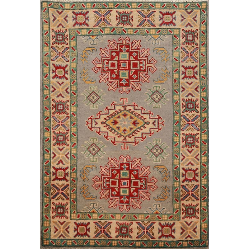 Geometric Kazak Accent Rug Handmade Wool Carpet - 2'10"x 4'2"