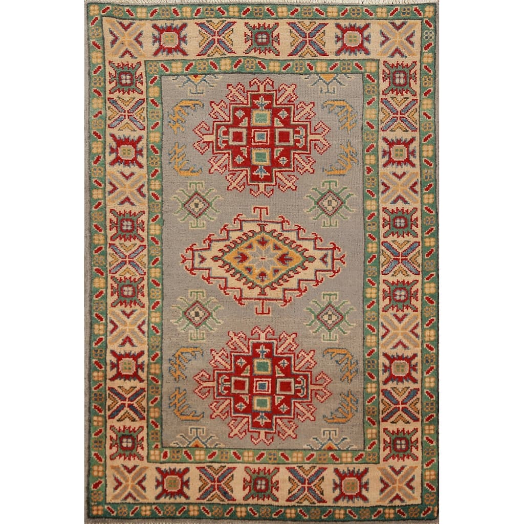 Geometric Kazak Accent Rug Handmade Wool Carpet - 2'10"x 4'2"