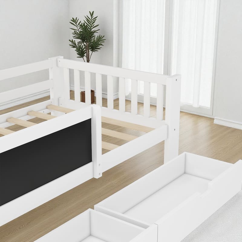 Twin/Full Solid Wood Platform Bed with Chalkboard Headboard, Storage Drawers and Shelves, Space-Saving Kids Bed