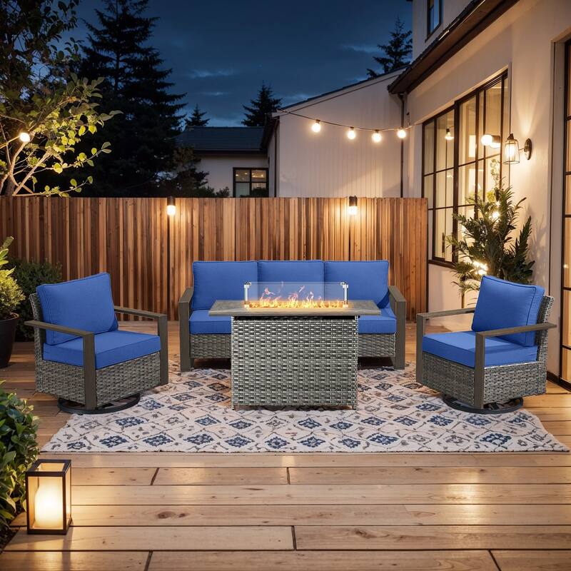 Pocassy 4 Pieces Outdoor Sofa Swivel Chair with Fire Pit Table Set - Blue cushion - Gray Wicker