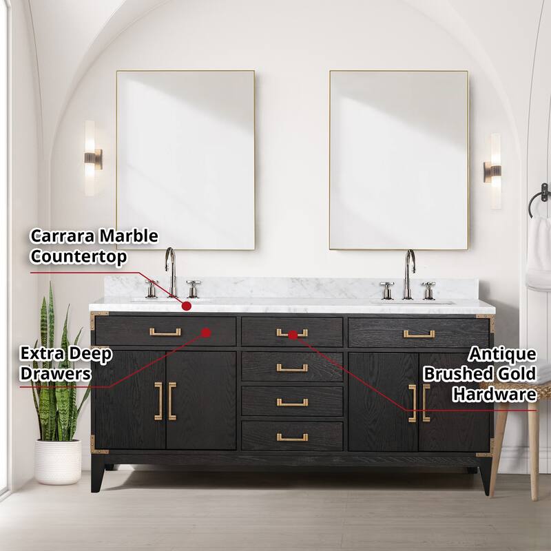 Lexora Laurel Bath Vanity, Carrara Marble Top, Faucet Set, and Mirror