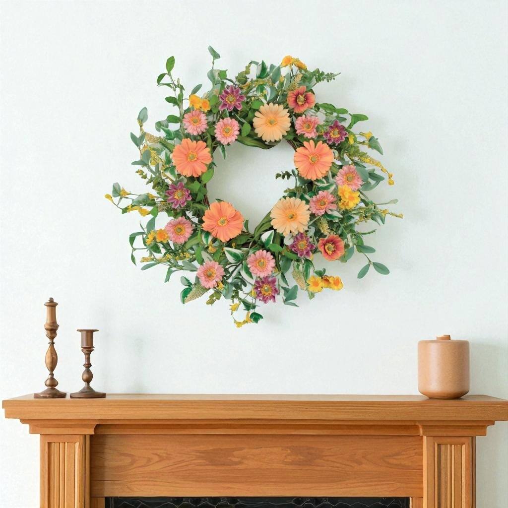 HomeRoots 26" Green Orange And Pink Daisy Artificial Wreath