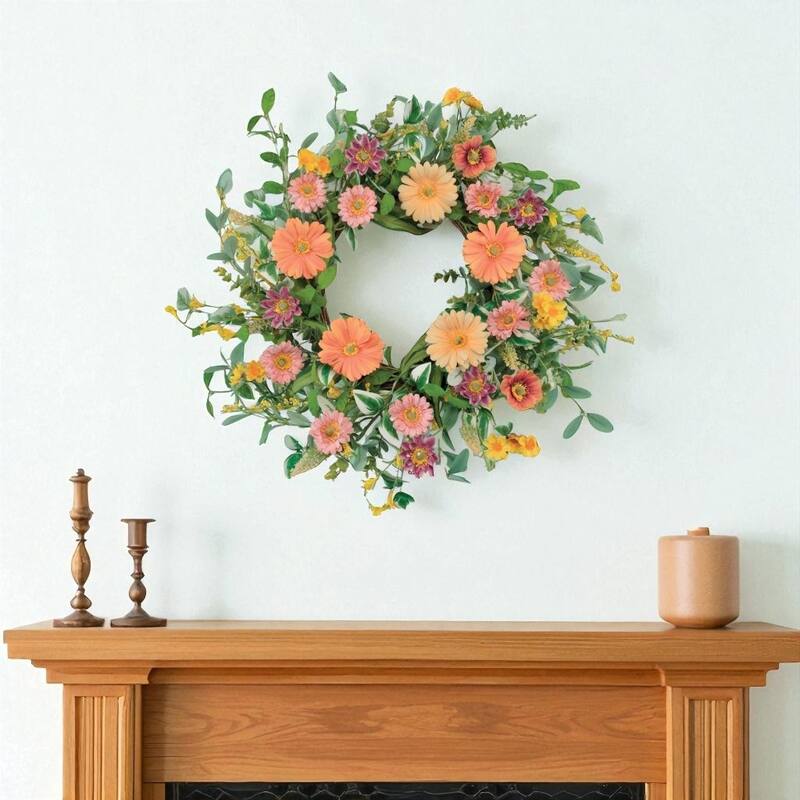 HomeRoots 26" Green Orange And Pink Daisy Artificial Wreath - Green/Orange/Pink - 25.80 in. x 25.80 in. x 5.90 in.
