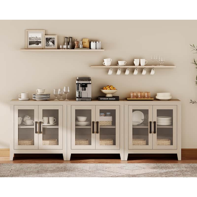 WAMPAT Modern Farmhouse Modular Buffet Cabinet, Glass Door Sideboard with Adjustable Shelves