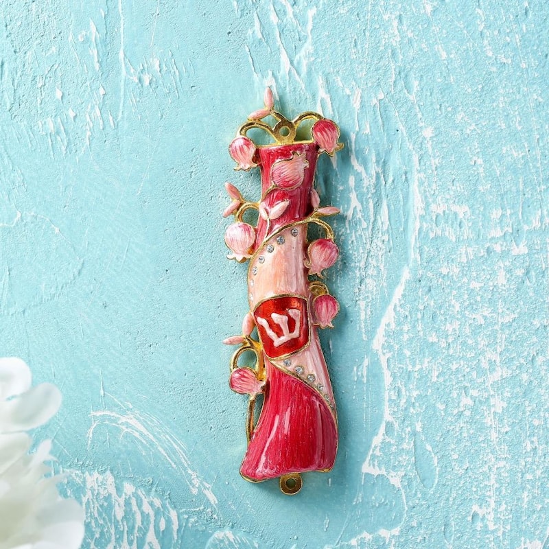 Matashi Hand Painted Red & Pink Enamel Mezuzah Embellished with a Pomegranate Floral Design with Gold Accents Quality Crystals