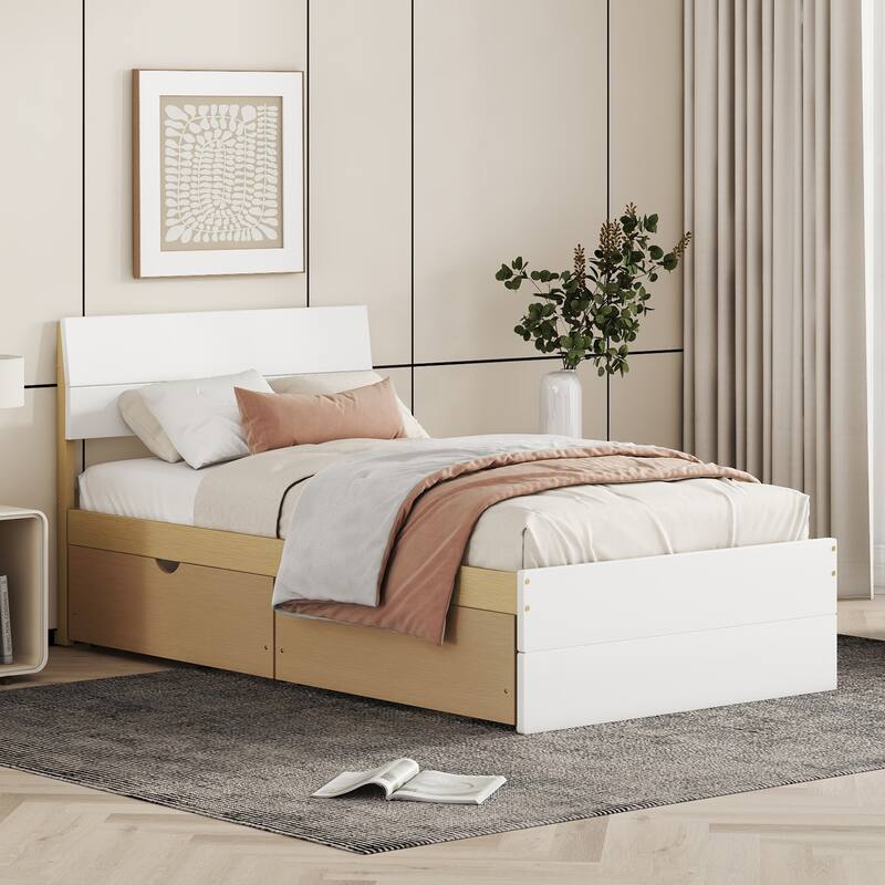 Modern Twin Bed Frame with 2 Drawers, High Gloss Headboard, Light Oak Finish