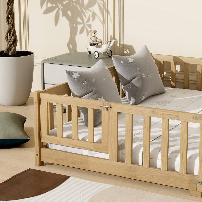 Queen Size Rubber Wood Floor Bed with Fence, Door, Safety Guardrails