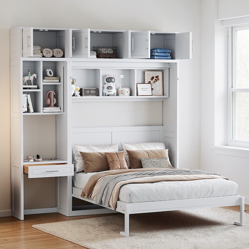 Foldable Queen Murphy Bed with Desk, Top Cabinet, Bookshelves - Space-Saving Wall Bed Design