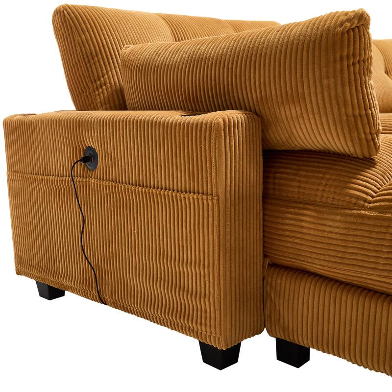 Oversized Corduroy Upholstered Single Chaise Lounge Sofa Couch Switchable Armrest with Cup Holders, USB Ports and Pockets