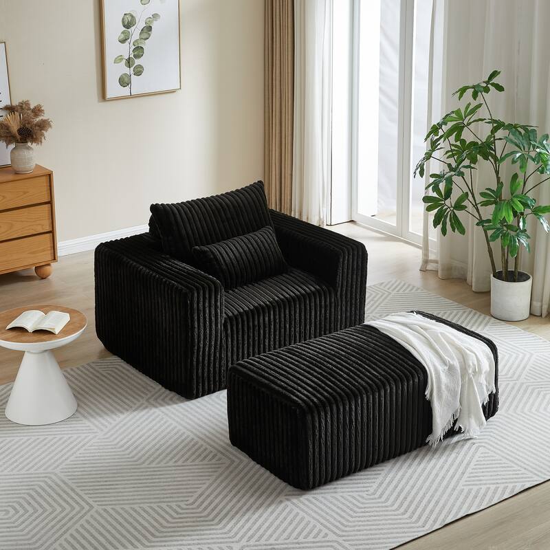 Modern 62.5" Corduroy Sponge Sofa with Removable Footrest, No Assembly Required, Cozy Sleeper Chair for Indoor Spaces - Black