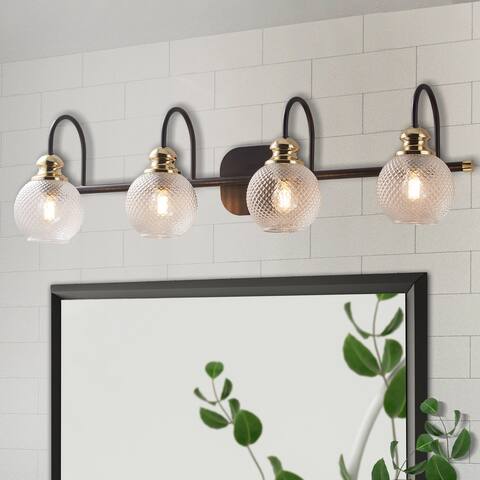 ExBrite 4-light Bathroom Dimmable Gold Vanity Lights Modern Wall Sconce Lighting with Round Rippled Glass