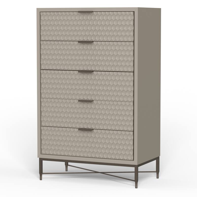 Rexi 48 Inch 5 Drawer Tall Dresser Chest, Honeycomb Texture, Taupe Gray - Grey - 5-drawer