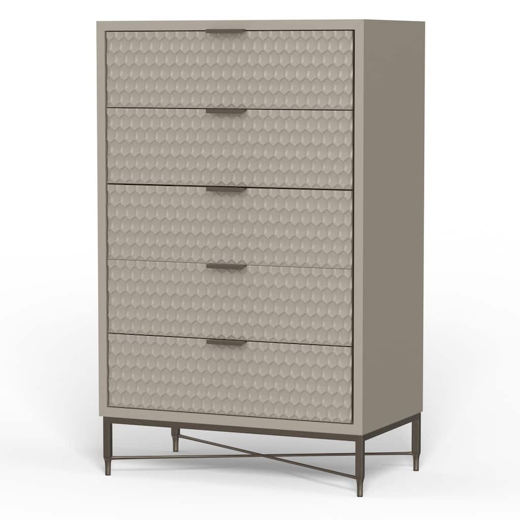 Rexi 48 Inch 5 Drawer Tall Dresser Chest, Honeycomb Texture, Taupe Gray