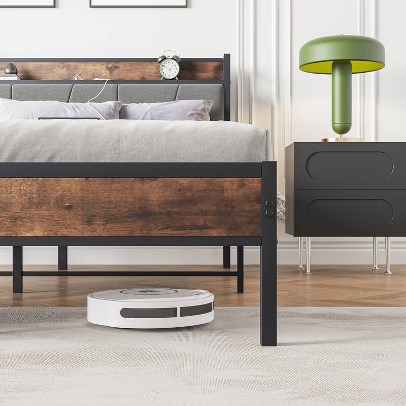 Grey Queen Metal & Wood Platform Bed Frame with Storage Headboard and Charging Station