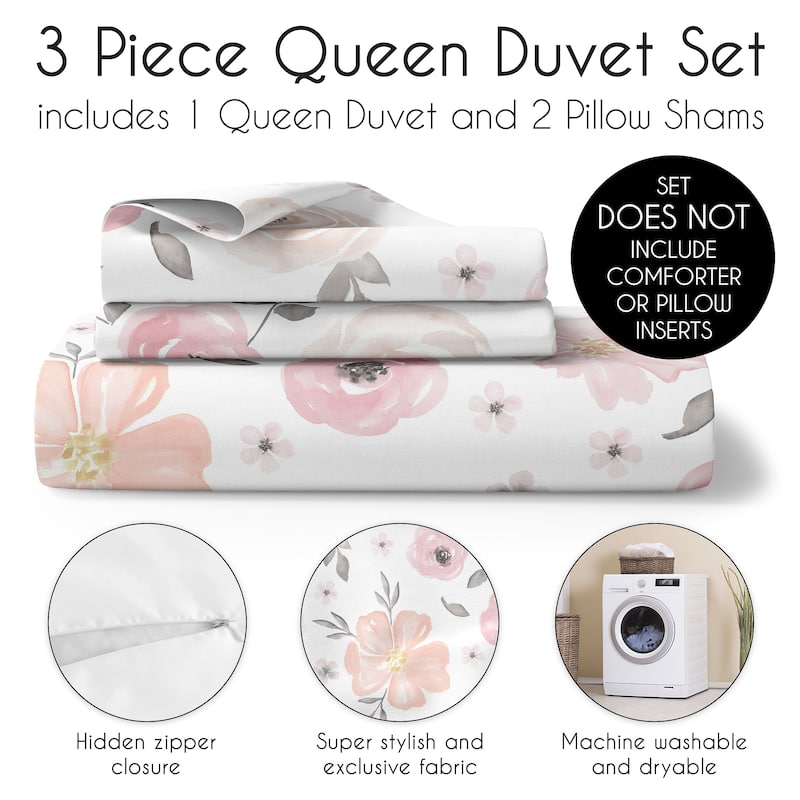 Sweet Jojo Designs Blush Pink Grey Boho Floral Girl Queen Duvet Cover Bedding Set Bohemian Watercolor Farmhouse Shabby Chic Gray