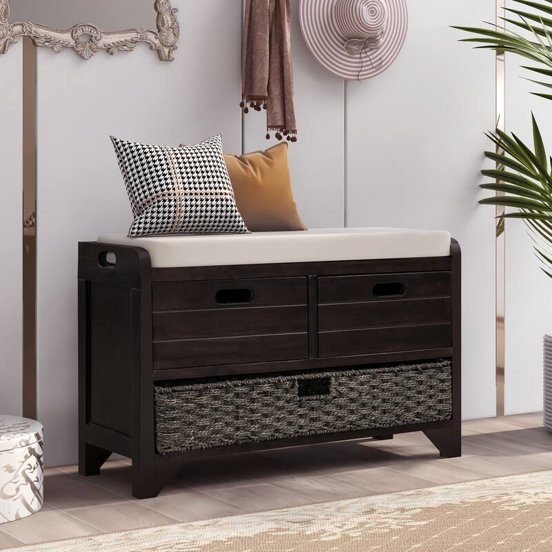 Storage Bench with Removable Basket and 2 Drawers, Fully Assembled Shoe Bench with Removable Cushion (White Washed) - Espresso