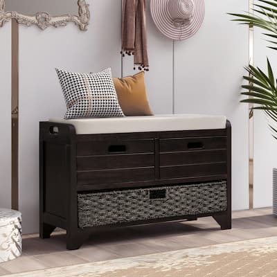 Storage Bench with Removable Basket and 2 Drawers, Fully Assembled Shoe Bench with Removable Cushion