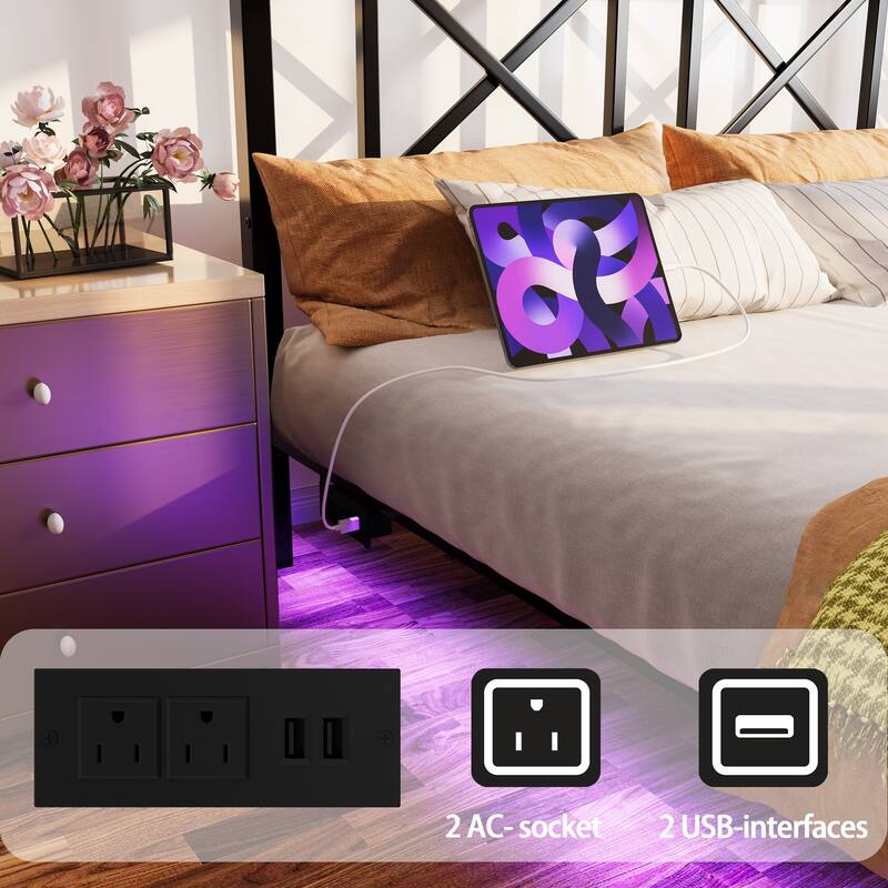 Full/Queen Floating Platform Bed Frame with LED Lights, USB Charging Station, Storage Headboard, Heavy-Duty Steel Slats