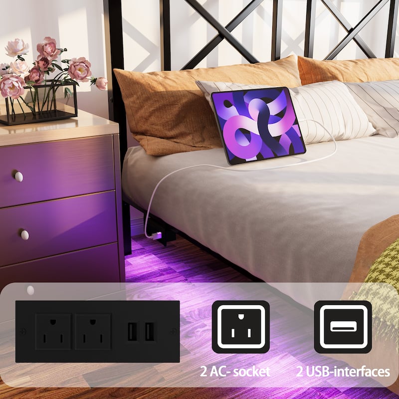 Queen Size Floating Bed Frame with Headboard and Storage, Full Size Platform Bed Frame with USB Charging Station