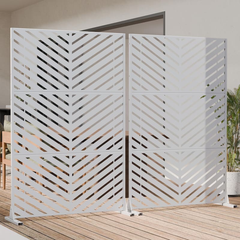 Outdoor Privacy Screen 2-Panel Chevron Metal Privacy Fence with Wind-Resistant Base Durable Decorative Divider - 72"H x 94"W - White