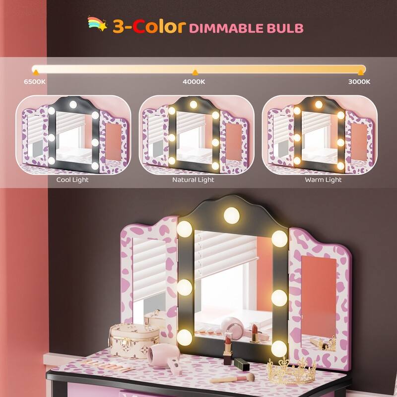 Kids MDF Vanity Table Set In Pink With 1 Drawer With 3-Color Dimmable LED Bulb - N/A