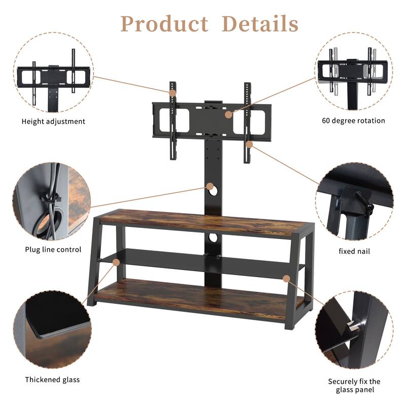 Wooden Storage Tv Stand Black Tempered Glass Height Adjustable