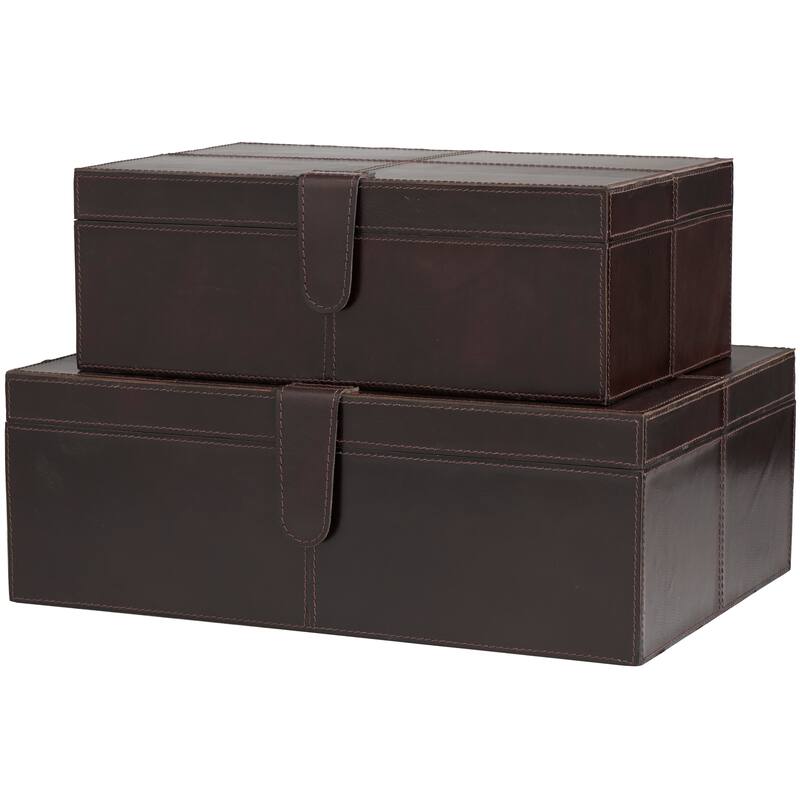 Dark Brown Leather Storage Box with Snap Front Closure and Detailed Stitching (Set of 2)