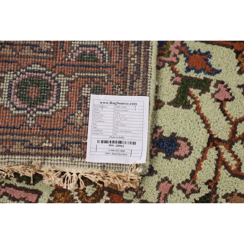 Light Green Heriz Serapi Indian Accent Rug Handmade Wool Carpet - 3'10" X 6'3"