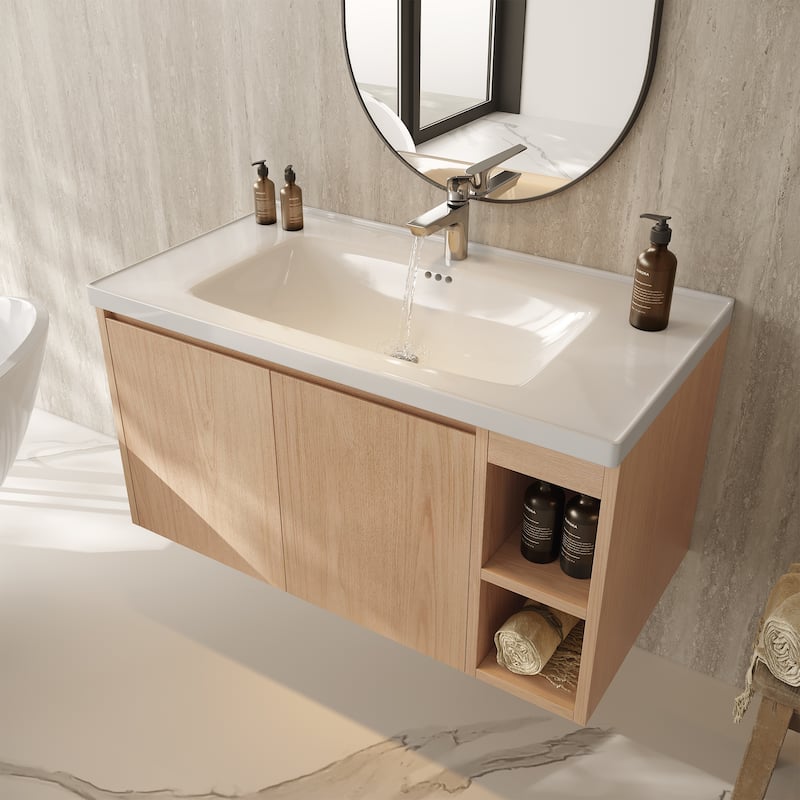 Modern 35.8" Wall-Mounted Single Bathroom Vanity with Ceramic Top - L 35.7'xW 18.9'