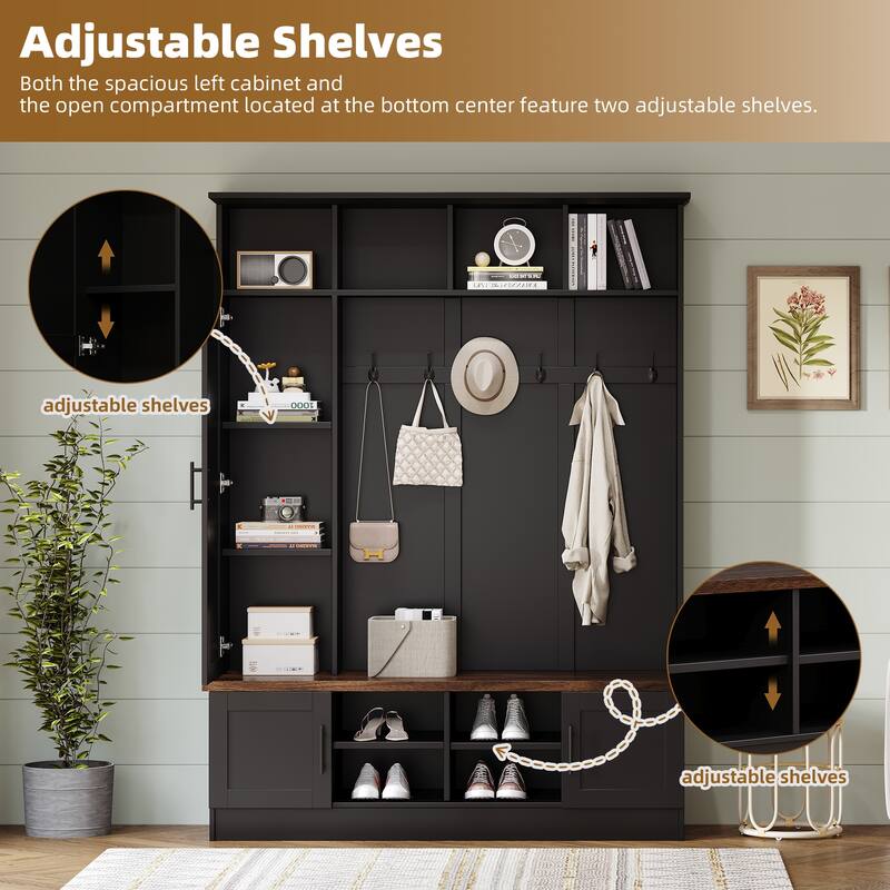 Versatile 3-in-1 Farmhouse Hall Tree with with 6 Hooks & Adjustable Shelves - Walnut Storage Benchr