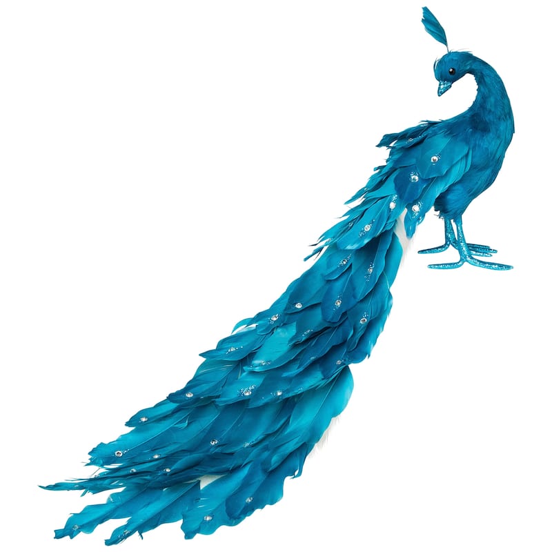 Peacock Glittered with Faux Crystals Christmas Decoration - 24" - Blue