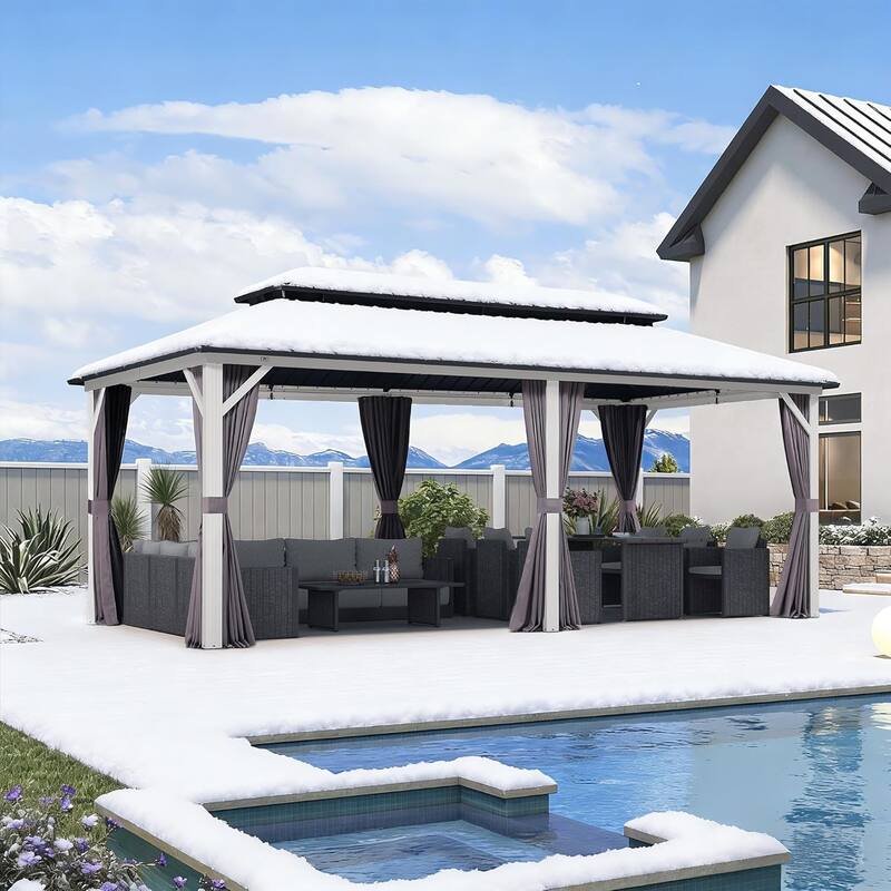 PURPLE LEAF Patio Hardtop Gazebo for Outdoor Grey Galvanized Steel Double Roof White Aluminum Poles - 10' x 20' - Grey