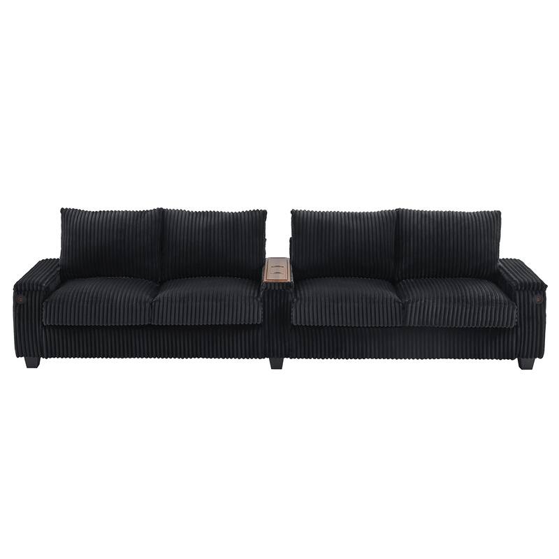 133-In Corduroy Sectional Sofa with USB Ports, Hidden Storage Arms, Flip-Top Cup Holders