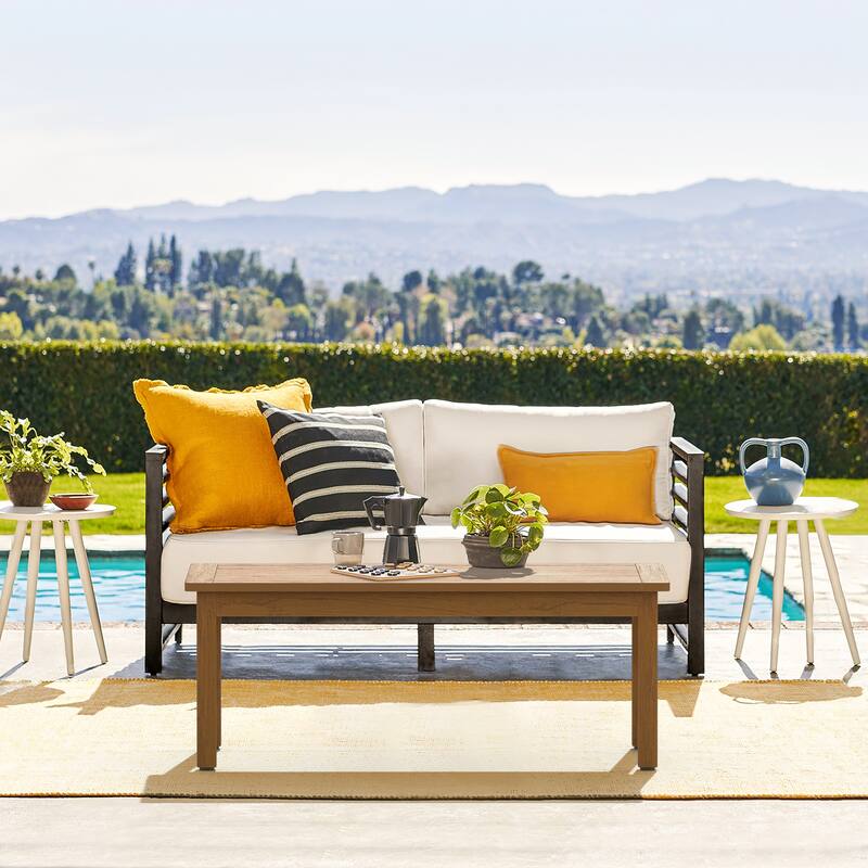 Outdoor HDPS Coffee Table With Fine Straight Texture - 44.1" W X 23.6" D X 17.3" H - Teak Color-oil Printed